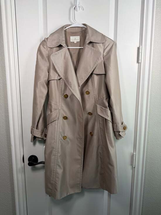 Olivia Hassler Khaki Beige Double Breasted Satin Trench Coat Size 85